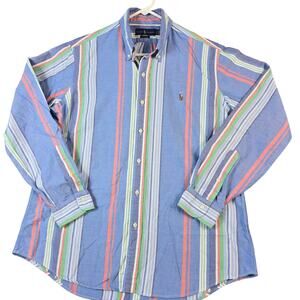 Ralph Lauren Flesh Pony Button Shirt Men's Large Colorblock Striped Classic Blue
